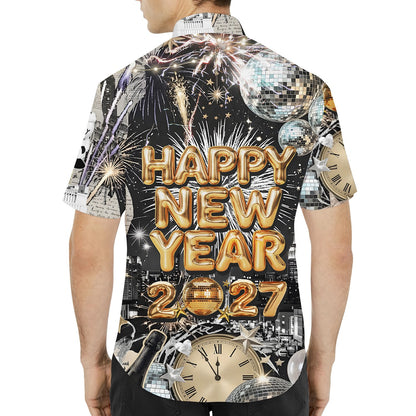 Back view of the matching family hawaiian shirt with fireworks and clocks design