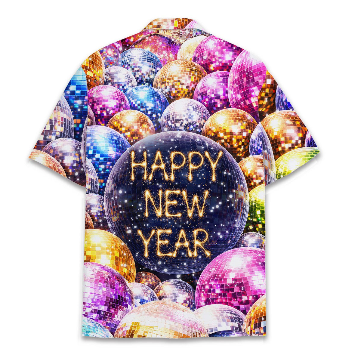Back view of the matching family hawaiian shirt showing the all-over disco print