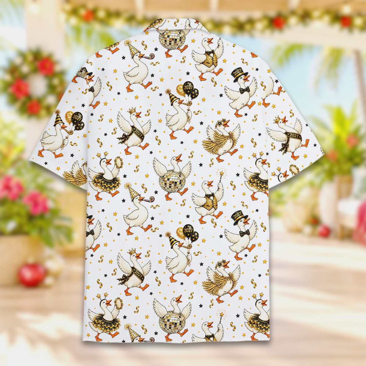 Back view of the matching family hawaiian shirt on a multicolor background