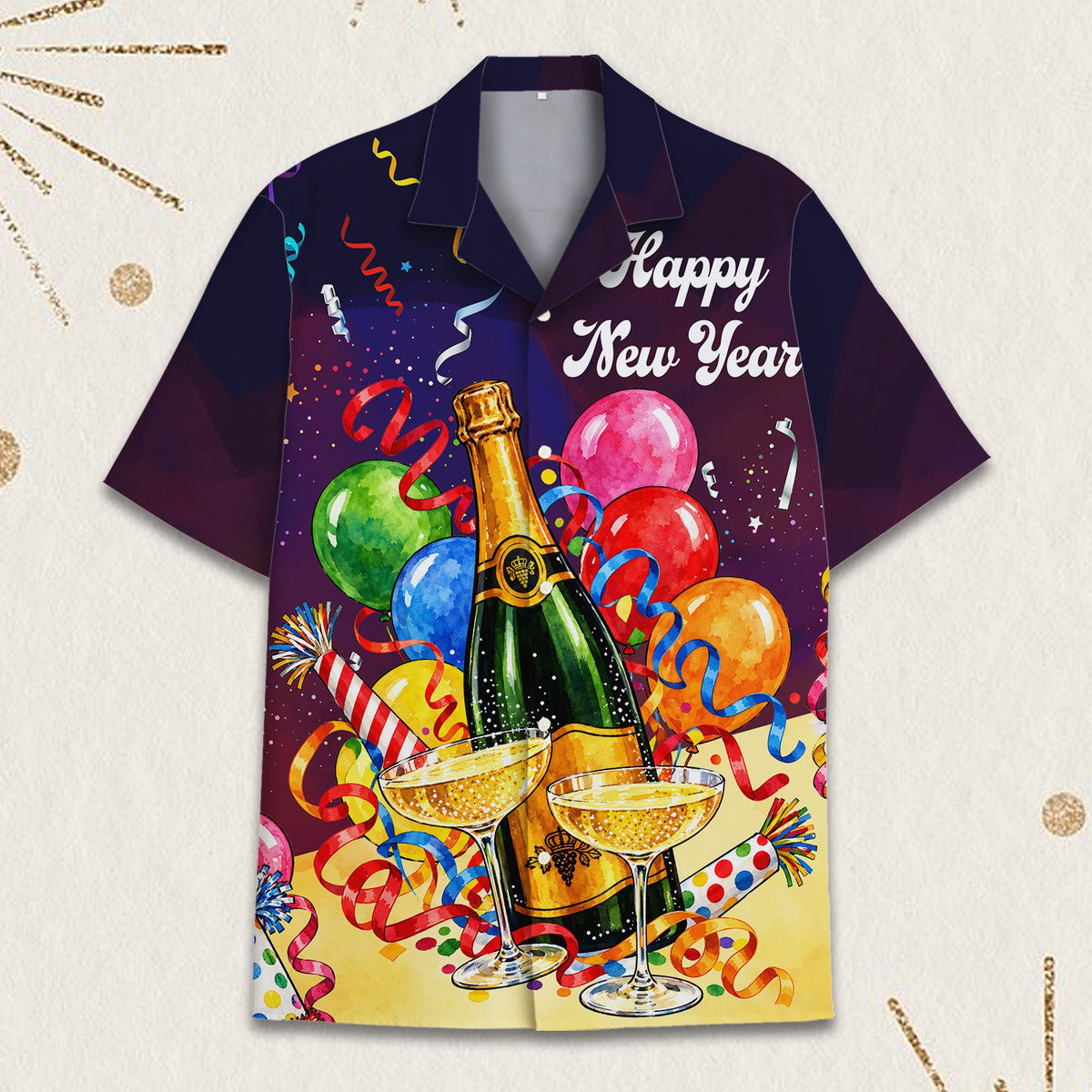 Navy blue year hawaiian shirt featuring champagne bottle, balloons and confetti print, second front view