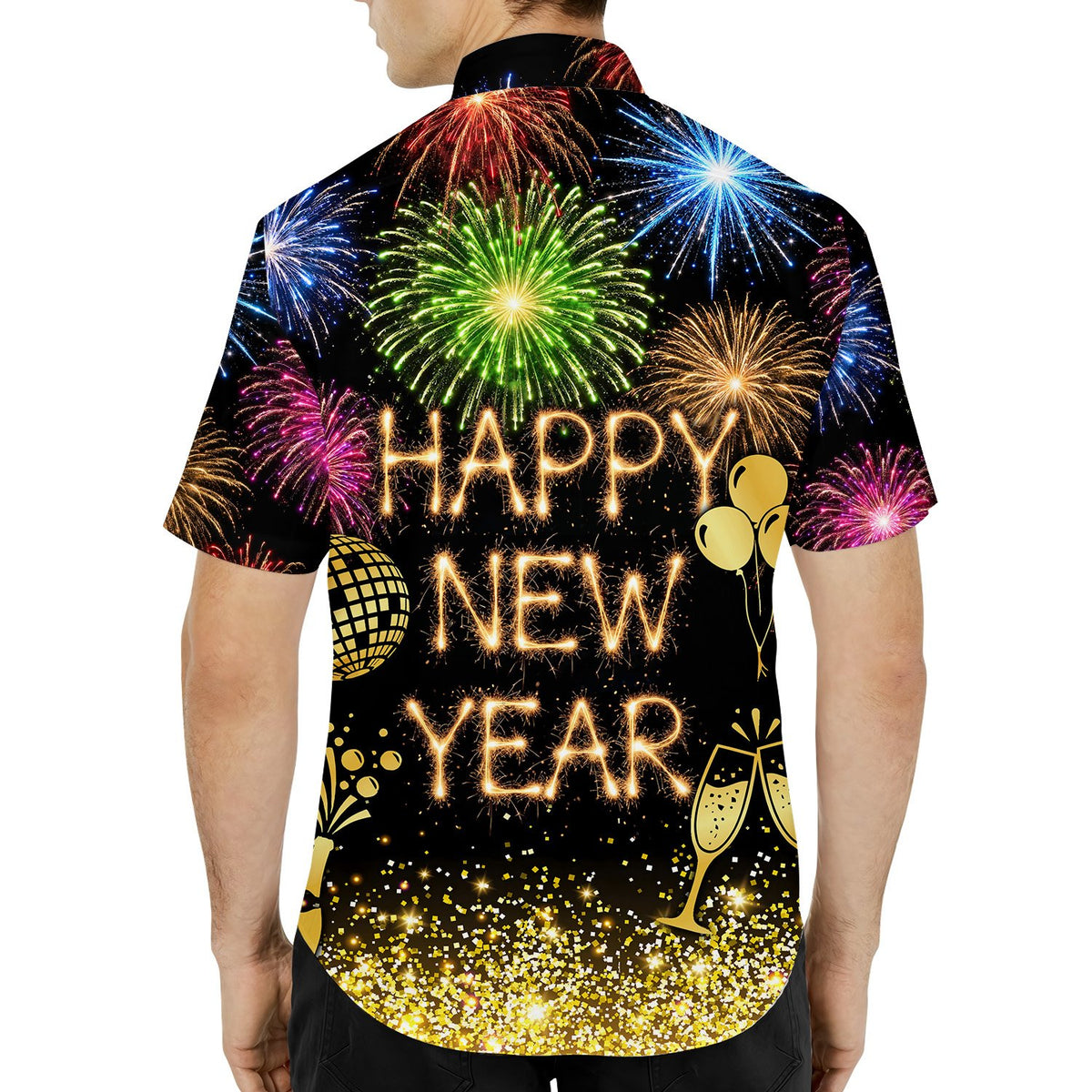 Another front view of the holiday hawaiian shirt with disco ball and balloons print