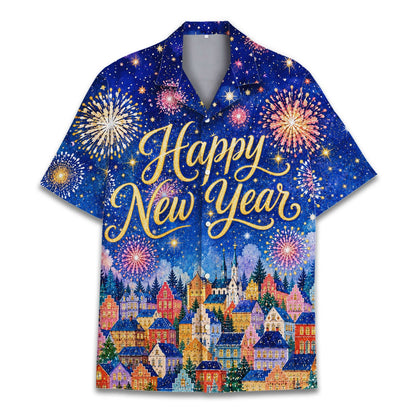 Another front view of the festive holiday hawaiian shirt with starlit sky design