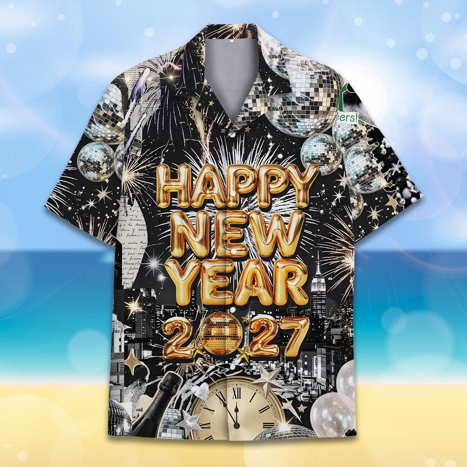 Close-up front view of the new year 2027 cityscape hawaiian shirt