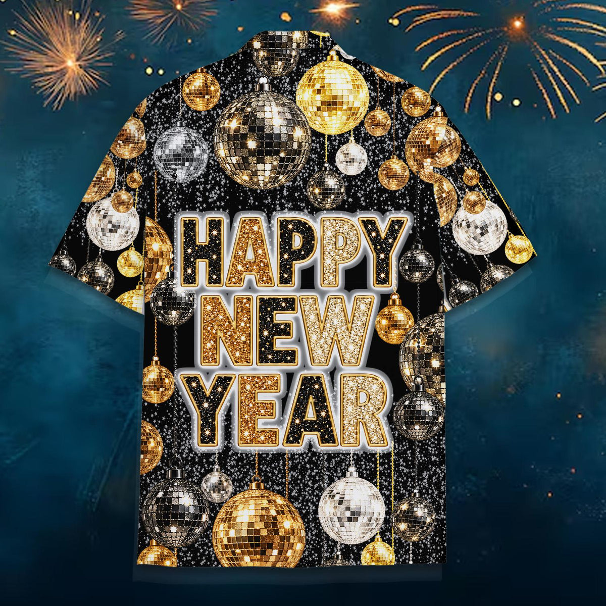 Detailed front view of the new year hawaiian shirt