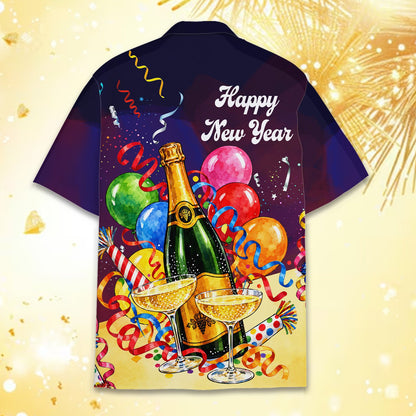 Navy blue year hawaiian shirt featuring champagne bottle, balloons and confetti print, third front view