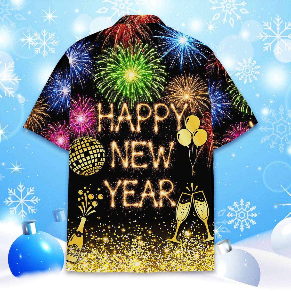 Detailed front view of the fireworks and champagne bottle design