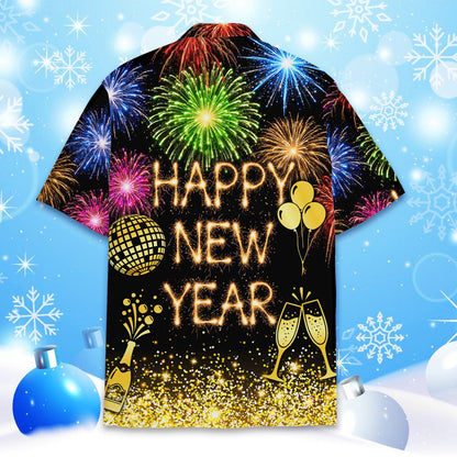Detailed front view of the fireworks and champagne bottle design