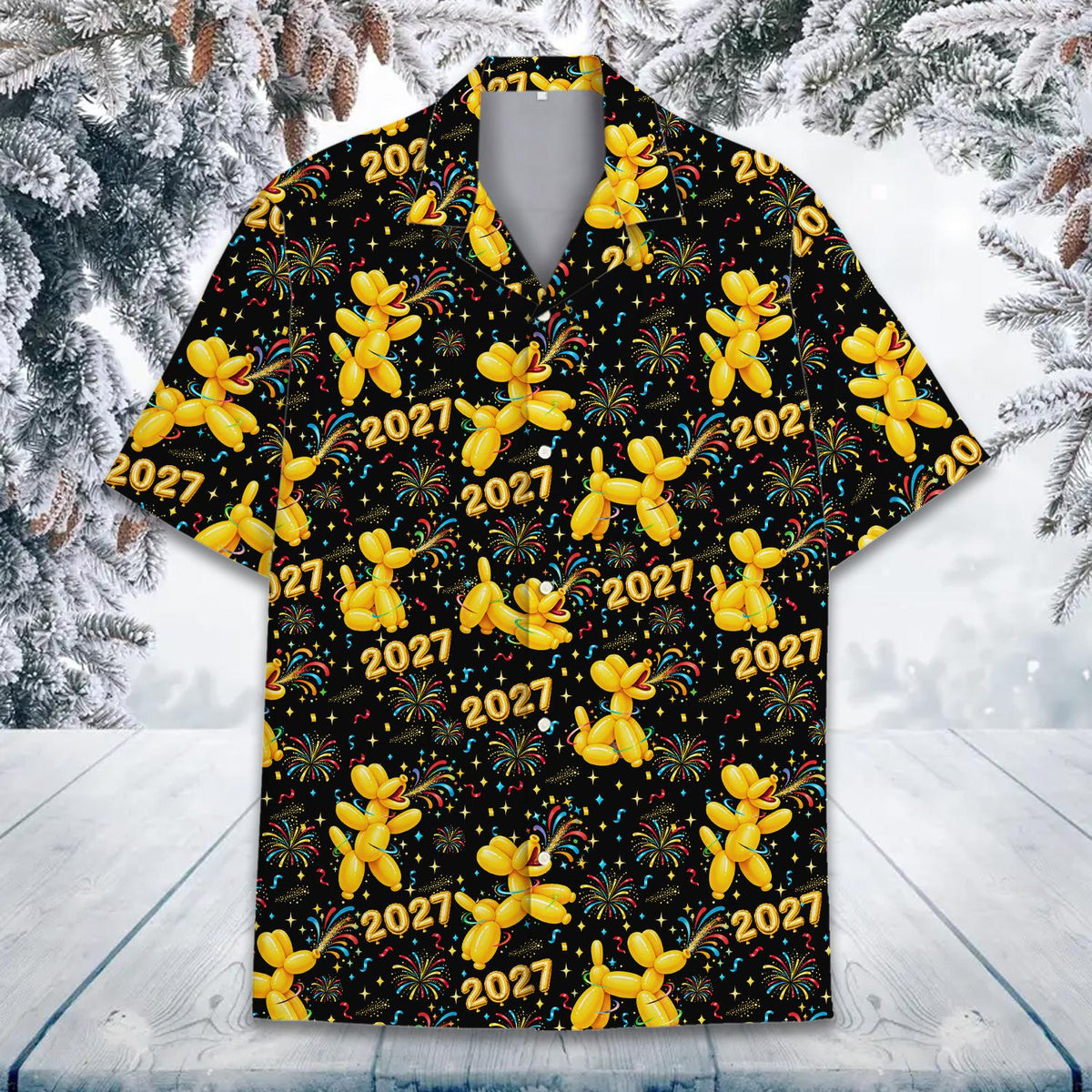 Multicolor New Year party design on hawaiian shirt, front view 3