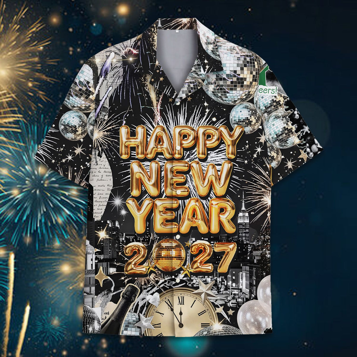 Detailed front view of the black, white, and gold new years hawaiian shirt