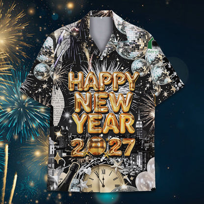 Detailed front view of the black, white, and gold new years hawaiian shirt