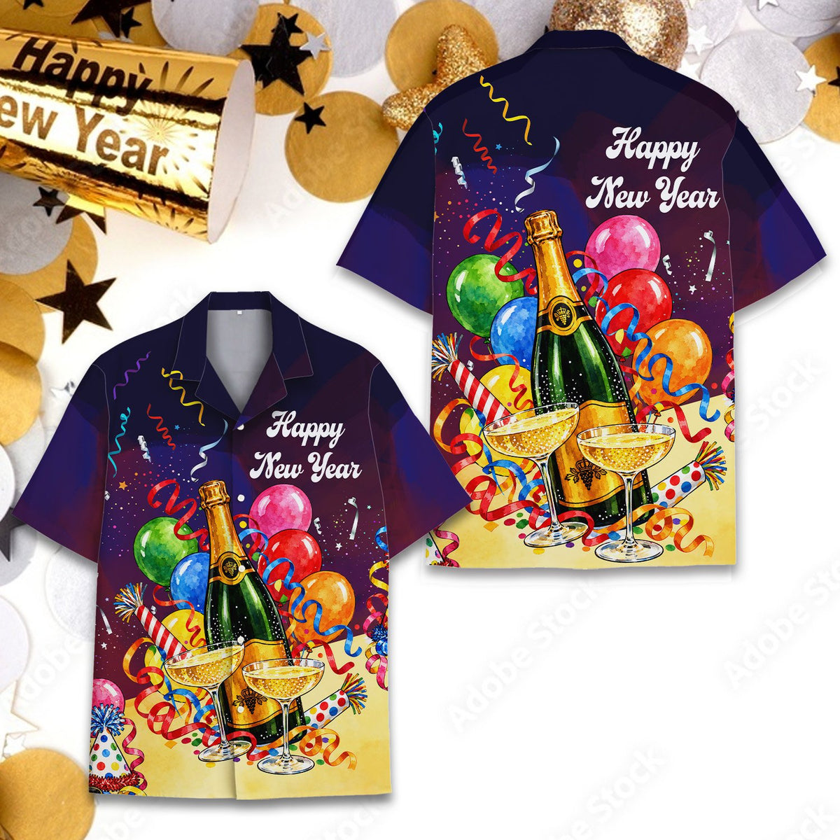 Navy blue year hawaiian shirt featuring champagne bottle, balloons and confetti print, fourth front view