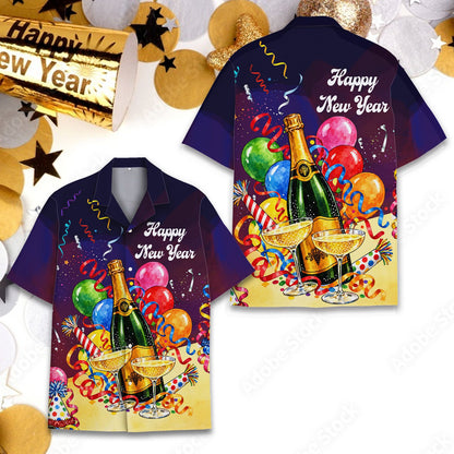 Navy blue year hawaiian shirt featuring champagne bottle, balloons and confetti print, fourth front view