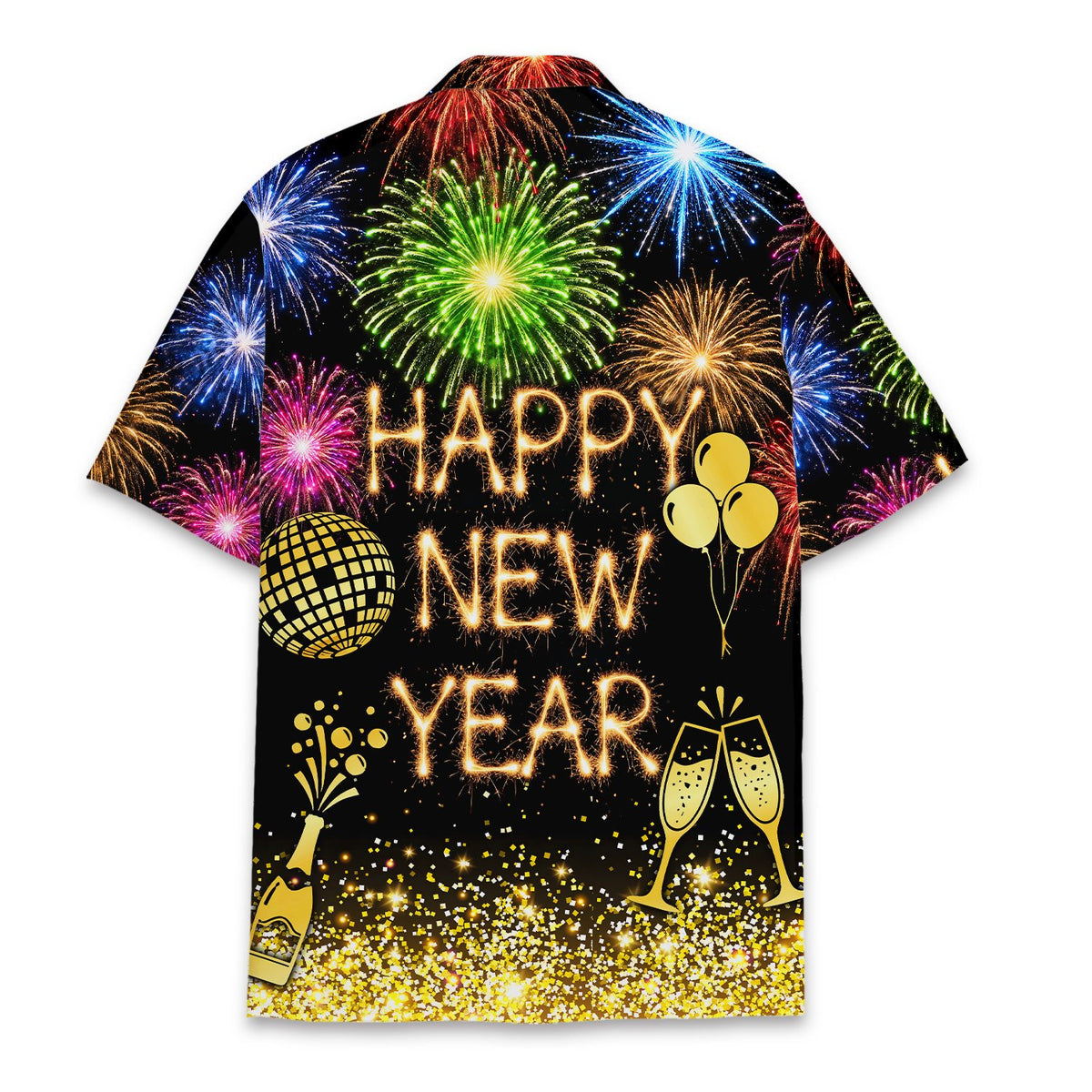 Close up front view showing the sparkler font and toasting glasses
