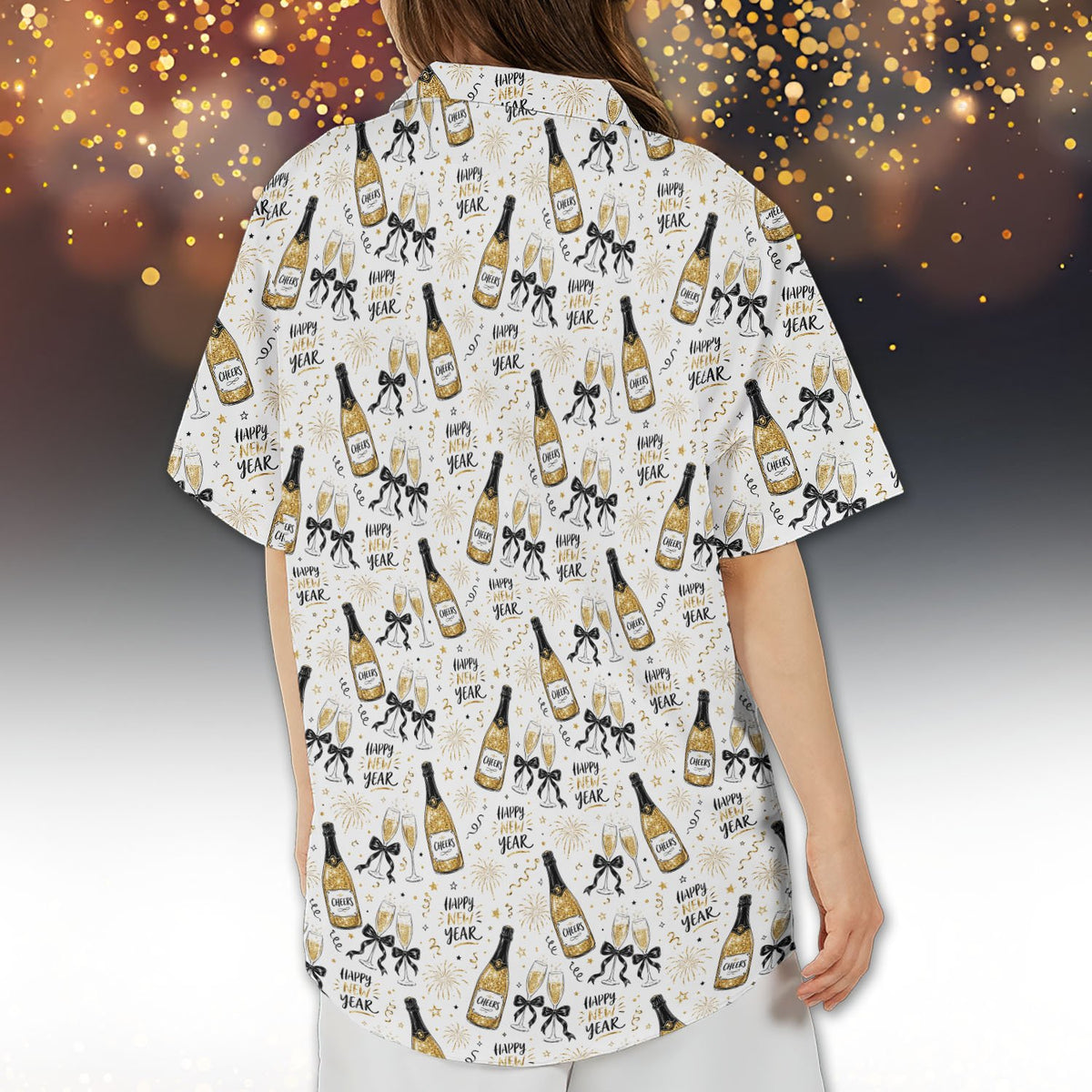 Close up front view of the new year hawaiian shirt with Cheers text