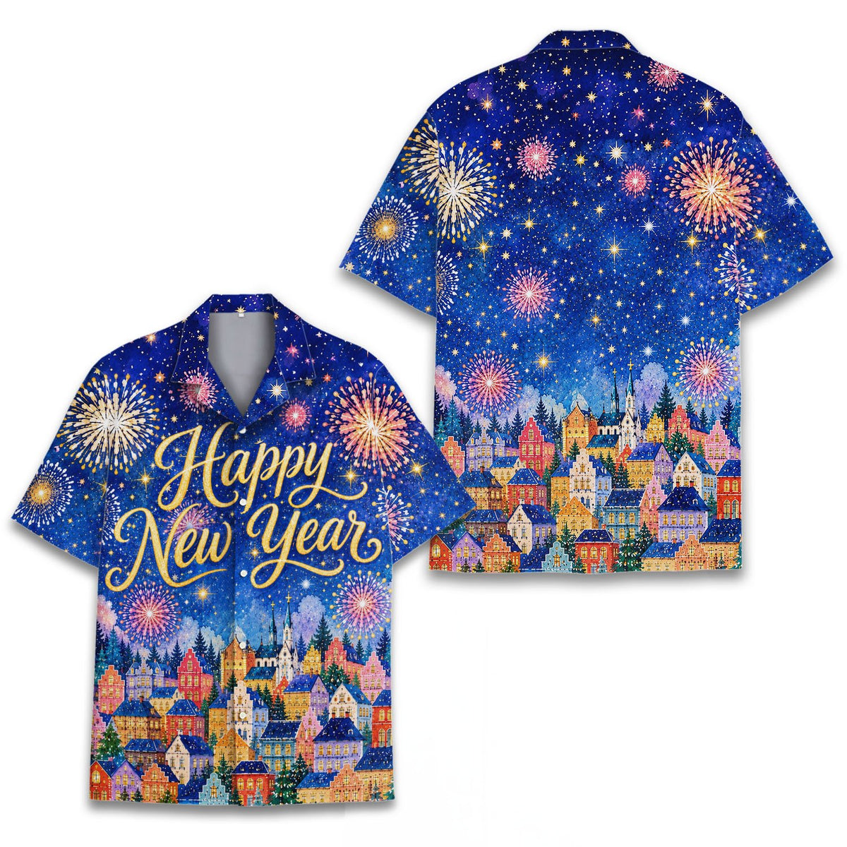 Detailed front view highlighting the European town and fireworks pattern on the shirt