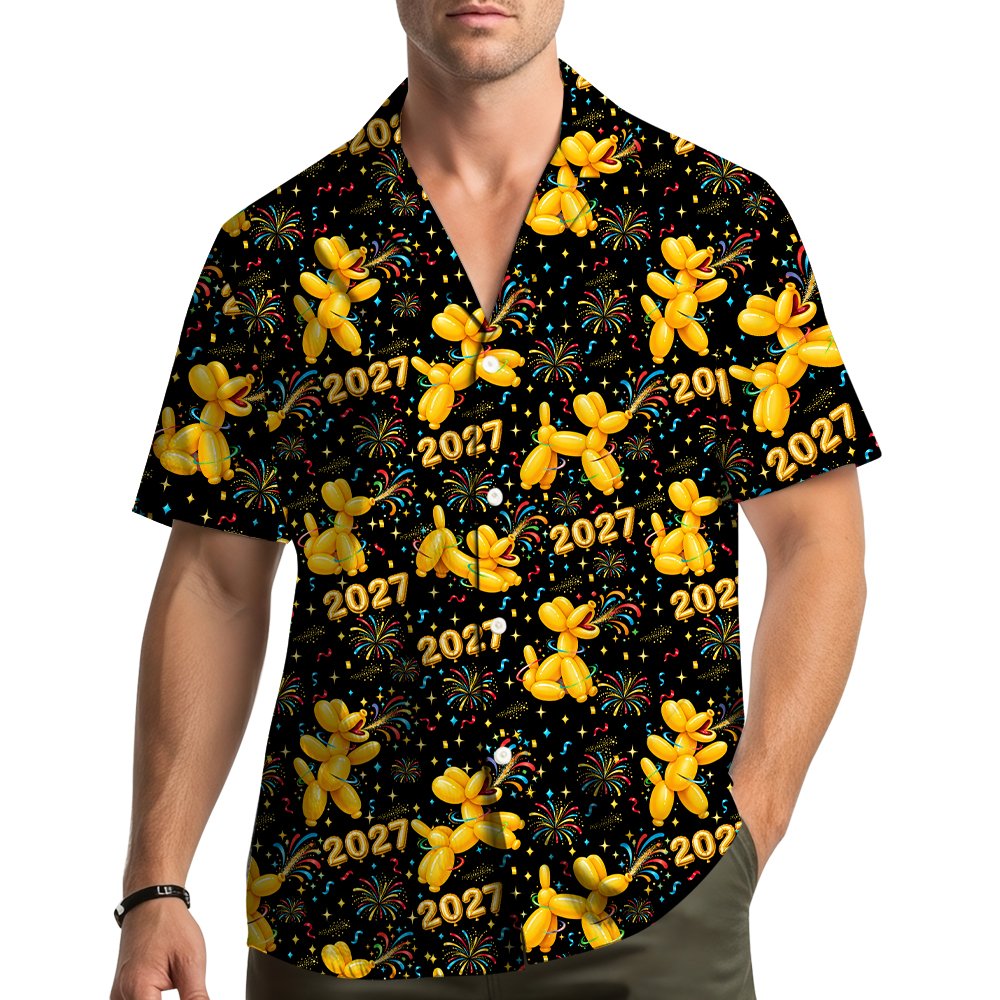 Close up of yellow balloon dog blowing party horn on hawaiian shirt, front view 4