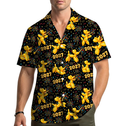 Close up of yellow balloon dog blowing party horn on hawaiian shirt, front view 4