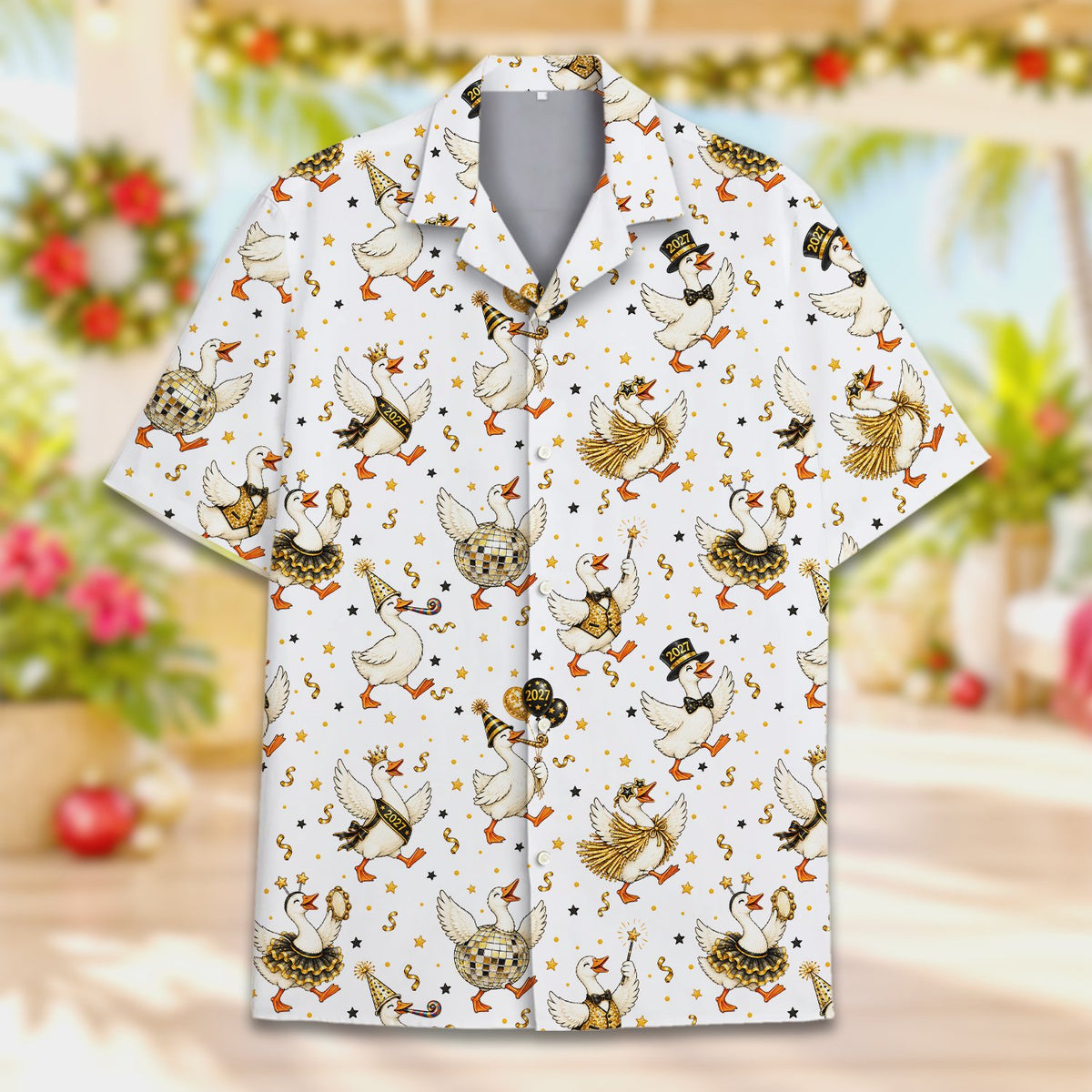 Front view of the matching family hawaiian shirt on a multicolor background