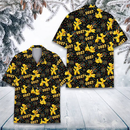 Button-down details on black new hawaiian shirt, front view 6