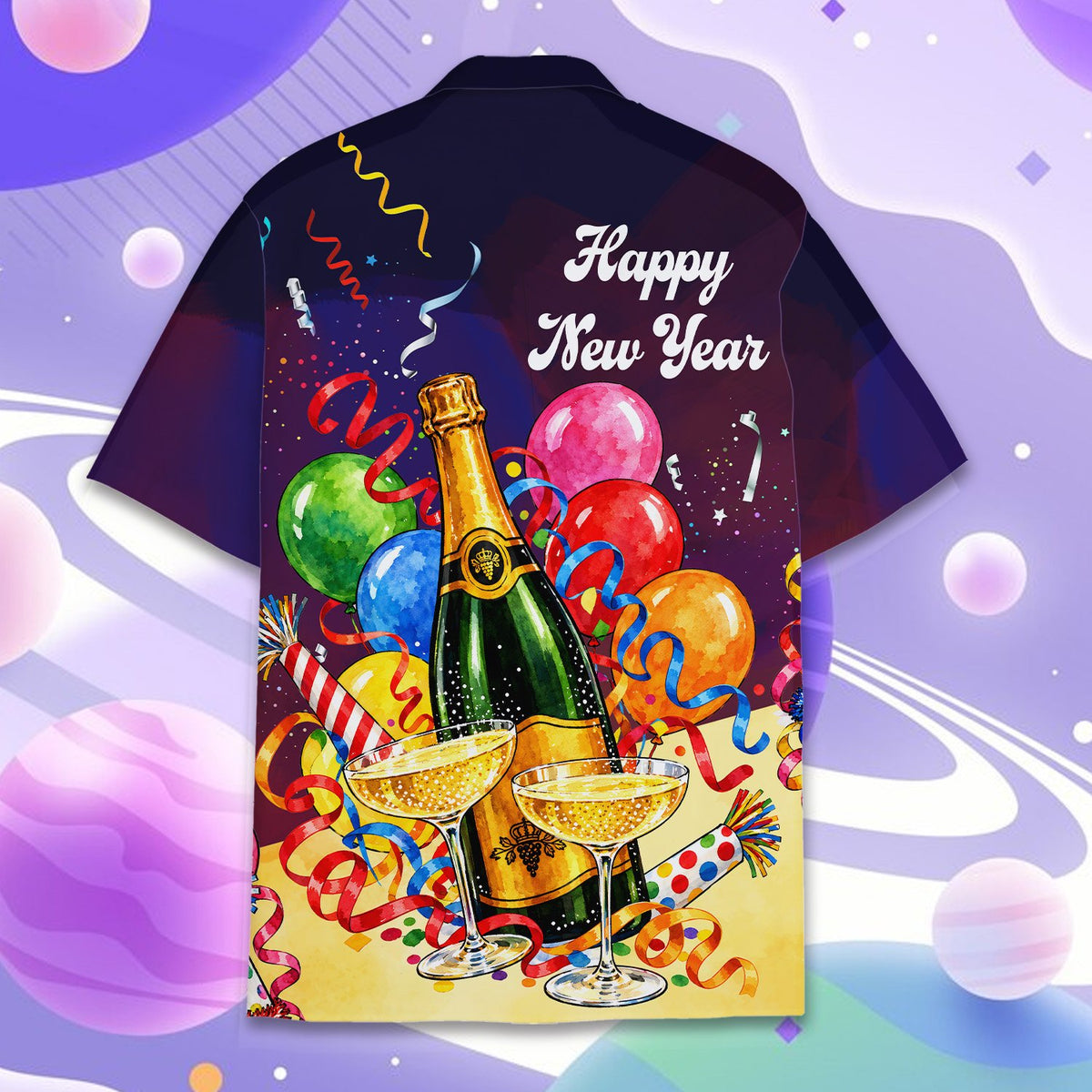 Navy blue year hawaiian shirt featuring champagne bottle, balloons and confetti print, front view main