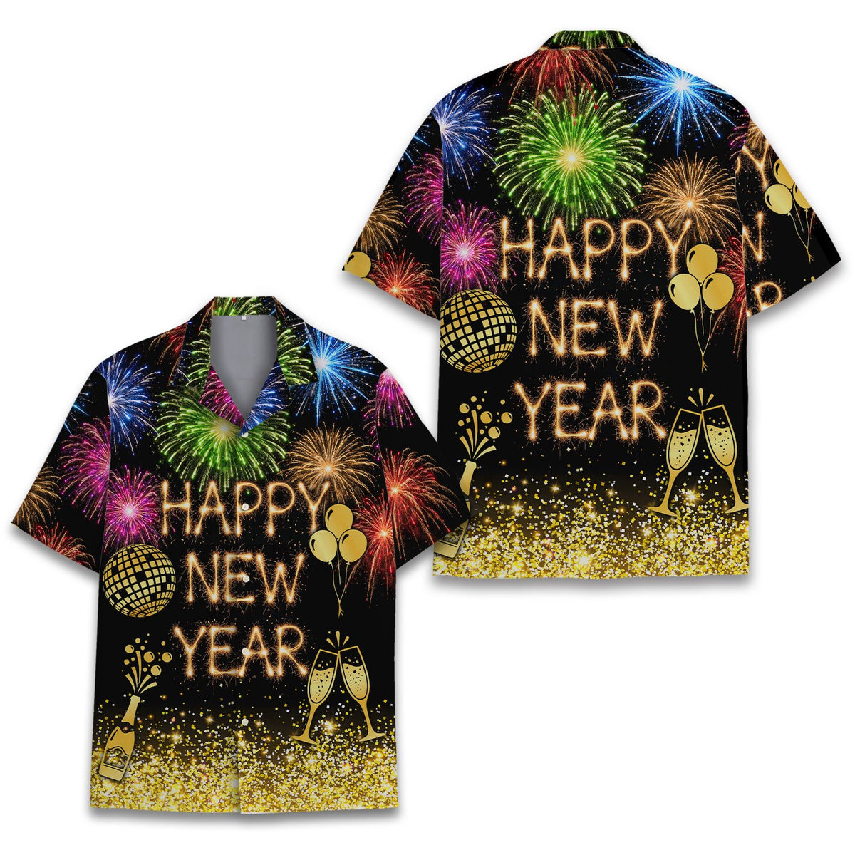 Main view of the new year hawaiian shirt featuring vibrant fireworks and champagne on a black background