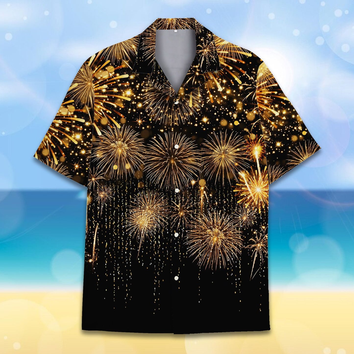 Front view of black and gold matching family Hawaiian shirt