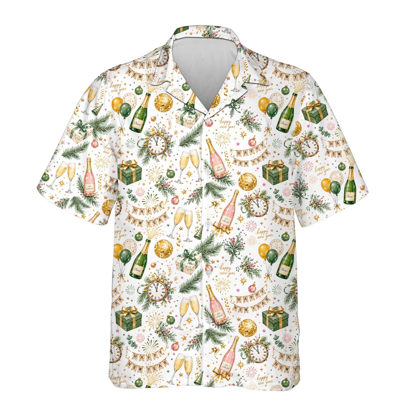 New look hawaiian shirt with New Year elements, front view