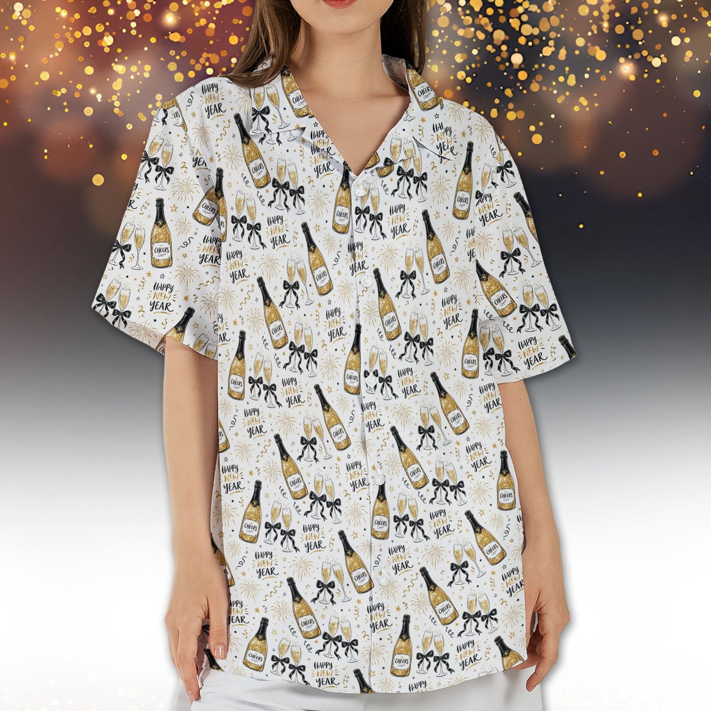 Matching family hawaiian shirts with new year champagne and fireworks design, main view
