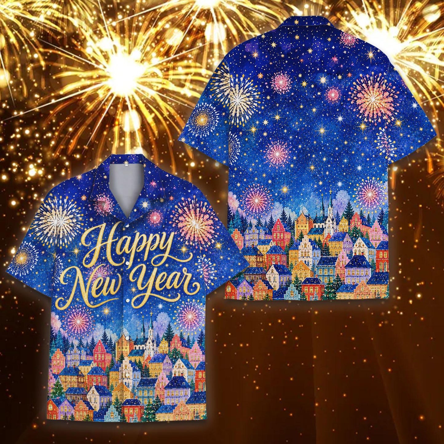 Main view of the matching family new years eve hawaiian shirt featuring a snowy town and fireworks on a navy background