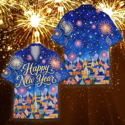 Main view of the matching family new years eve hawaiian shirt featuring a snowy town and fireworks on a navy background