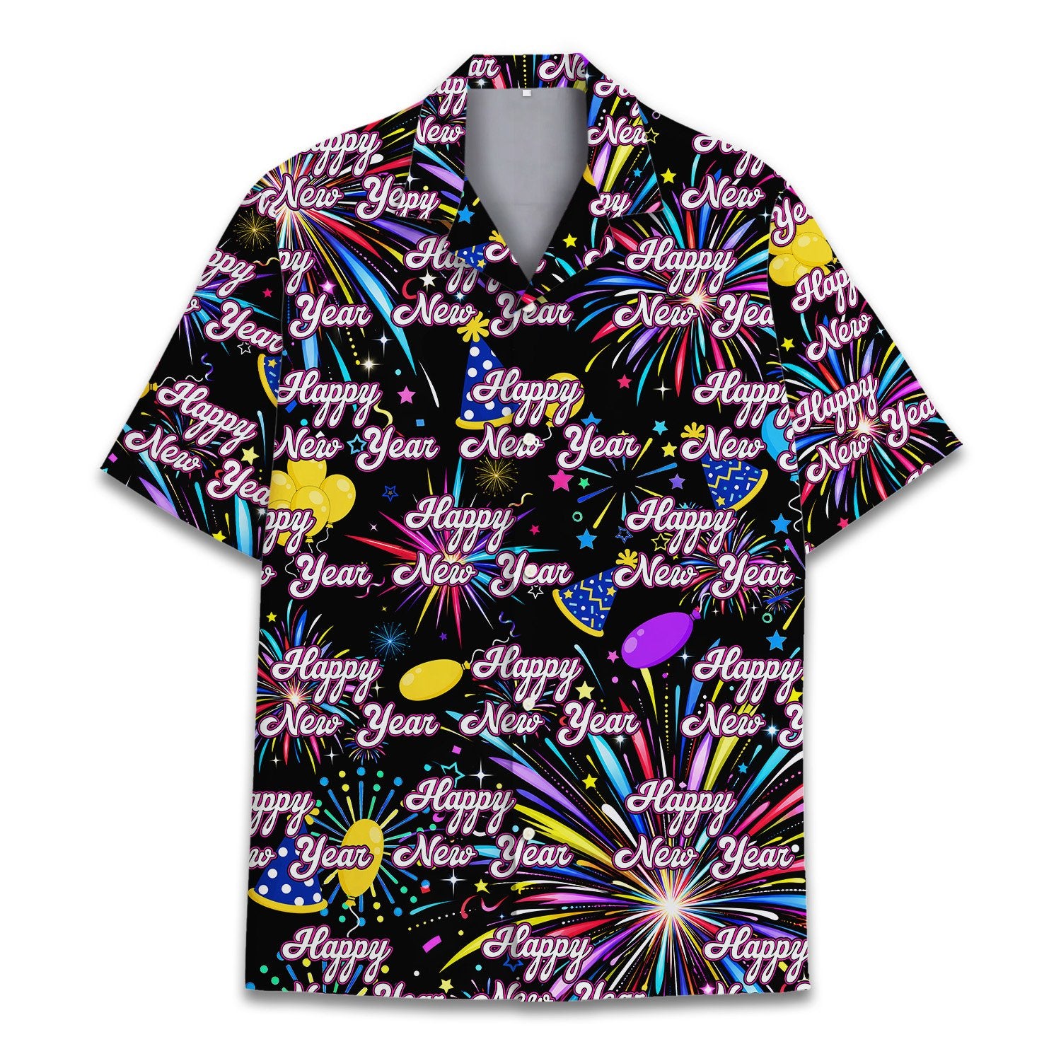 Front flat lay view of the new year hawaiian shirt with cursive happy new year script