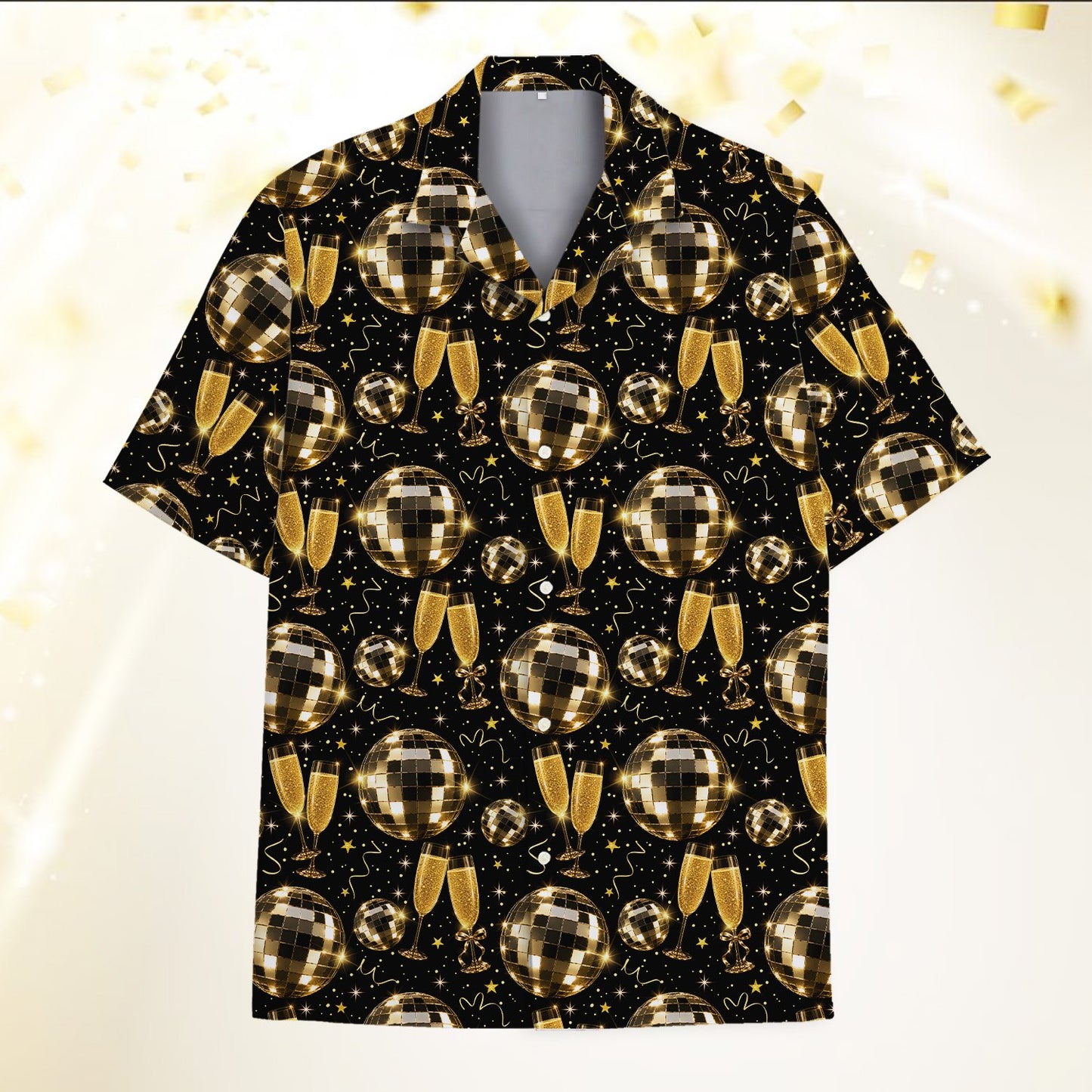 Front view of the happy new year hawaiian shirt with disco balls and champagne glasses