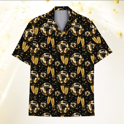 Front view of the happy new year hawaiian shirt with disco balls and champagne glasses
