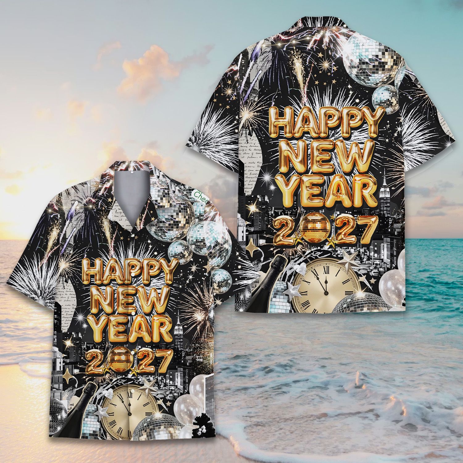 Matching family new years hawaiian shirt in black and gold, front view