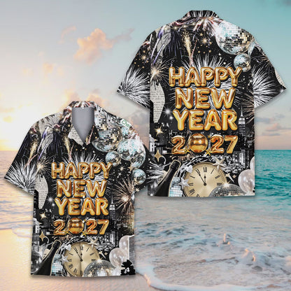 Matching family new years hawaiian shirt in black and gold, front view