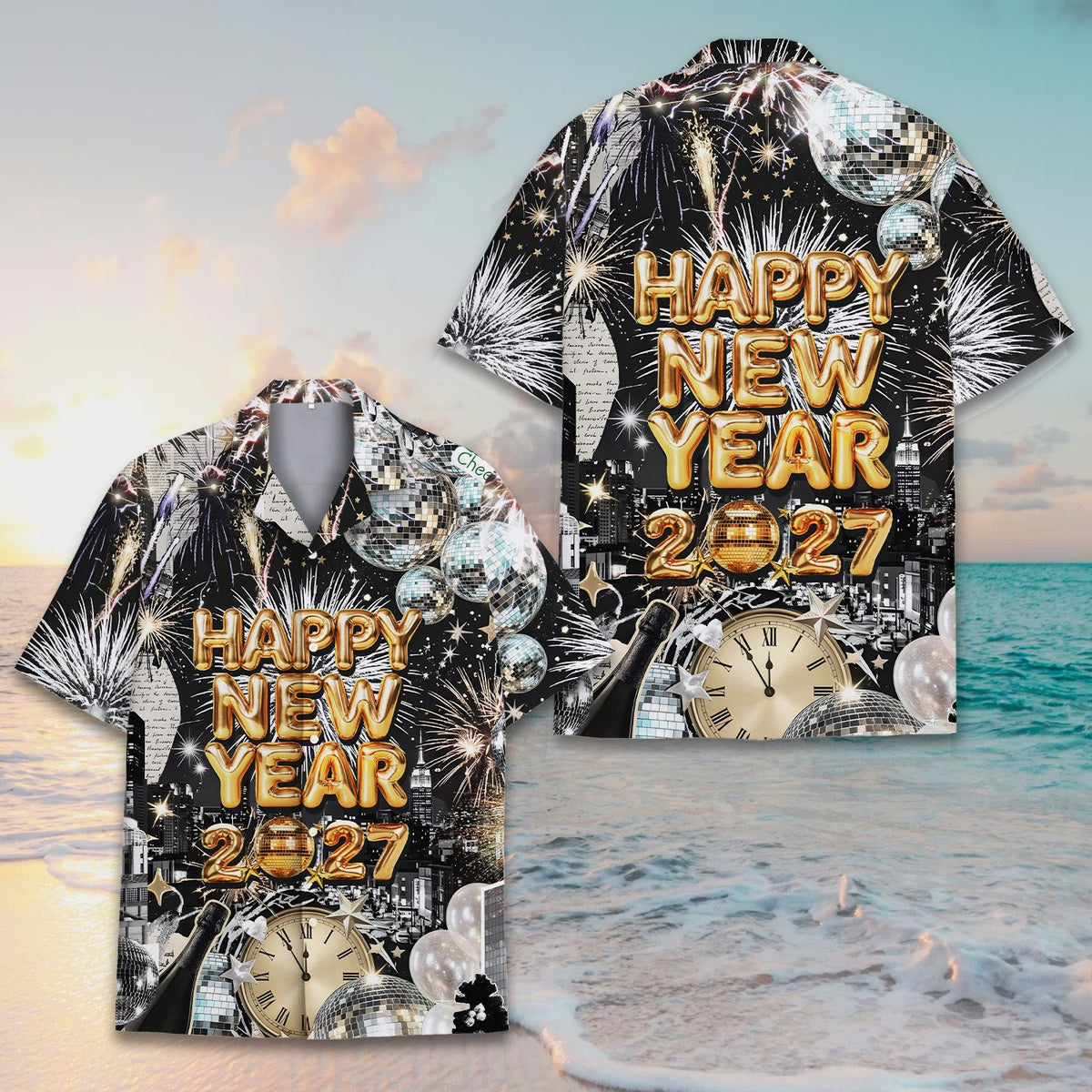 Festive holiday hawaiian shirt featuring 2027 gold balloon lettering, front flat view