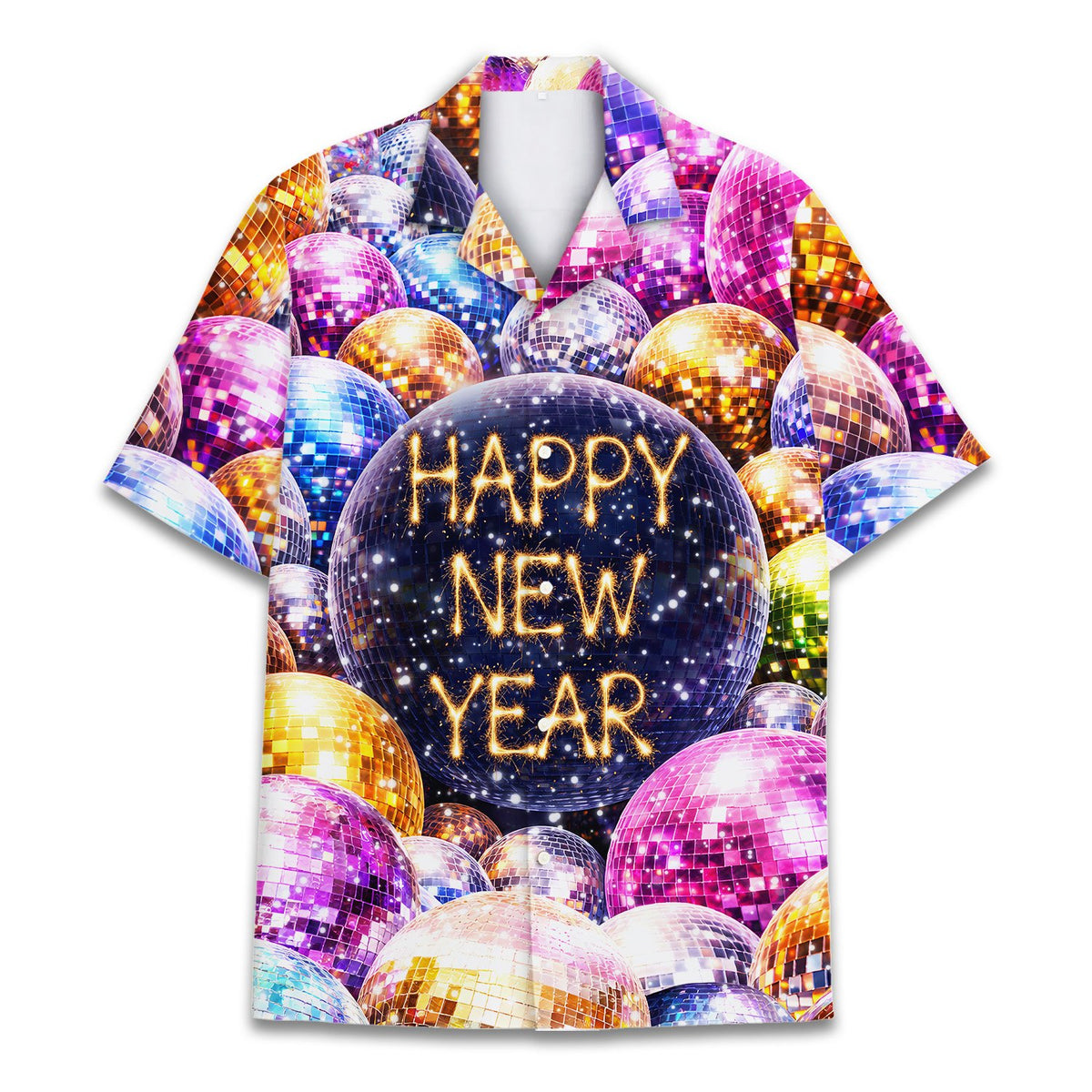Matching family hawaiian shirt with colorful New Year disco ball design, main view