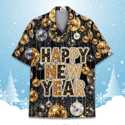 Main view of the new year hawaiian shirt with disco balls and stars pattern