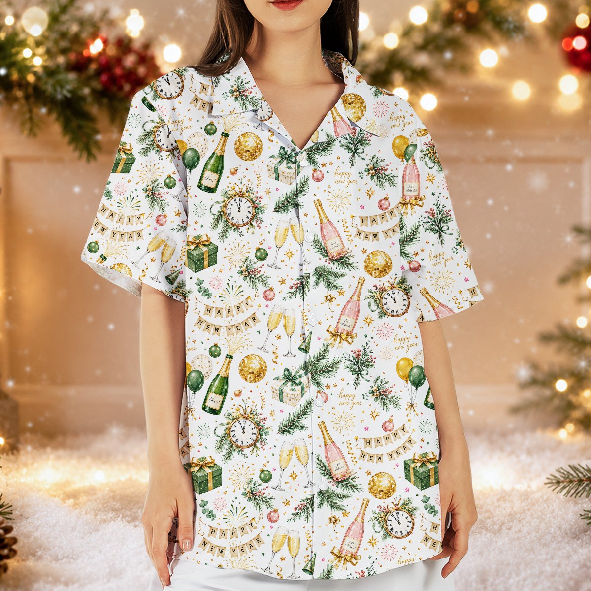 Family wearing matching new years hawaiian shirts, second lifestyle view