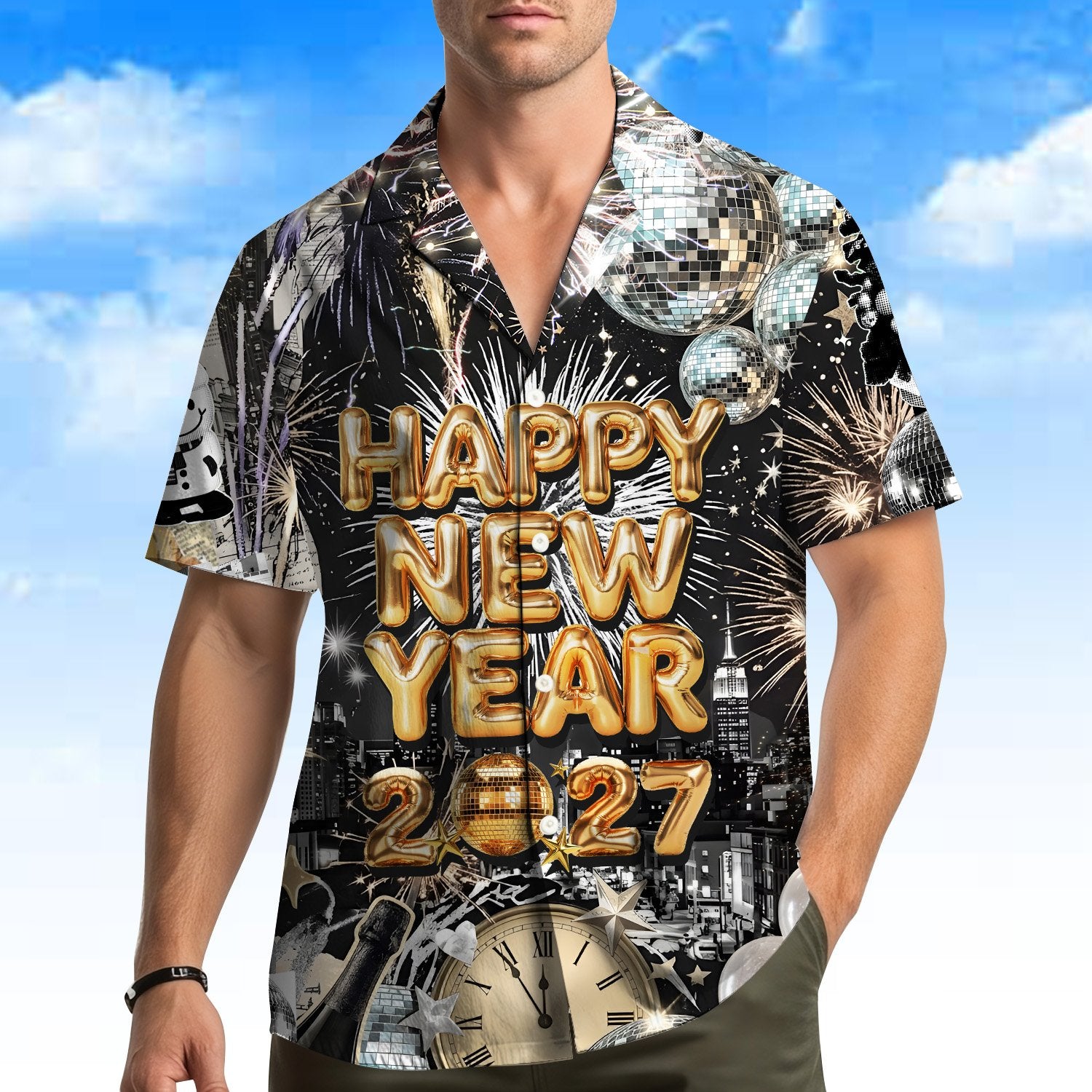 Another lifestyle view showing the holiday hawaiian shirt in a festive setting