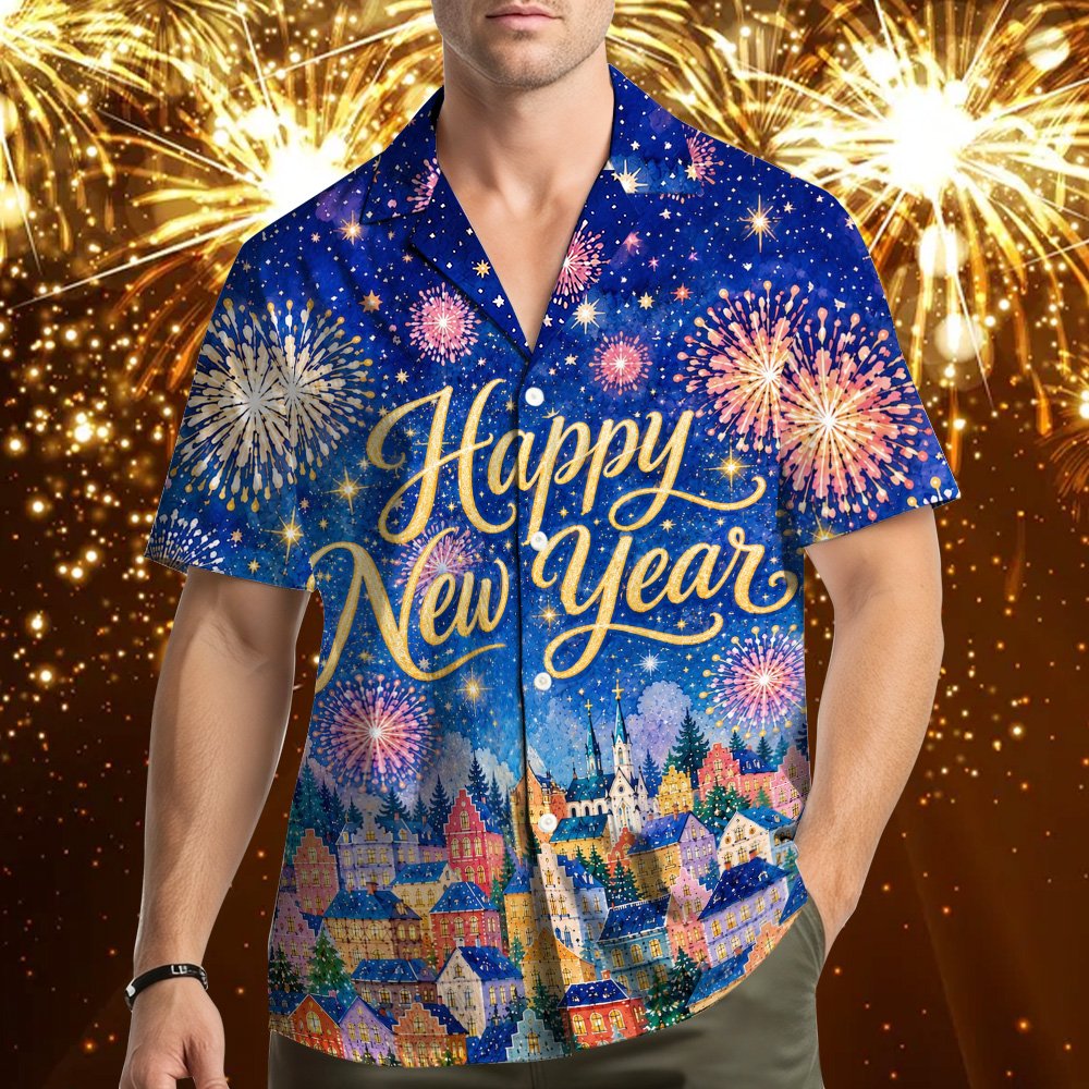 Third lifestyle view showing the comfortable fit of the new year hawaiian shirt