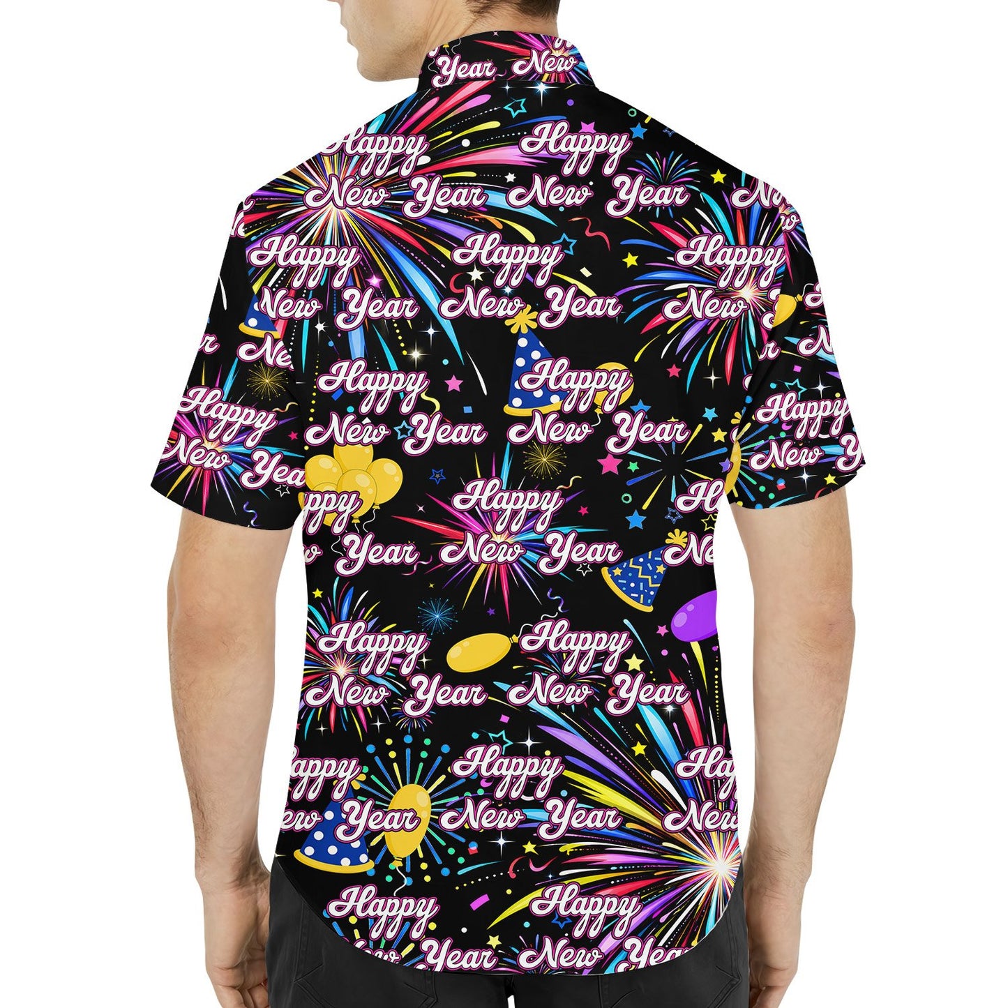 Sixth lifestyle image displaying the festive new year hawaiian shirt in a party setting