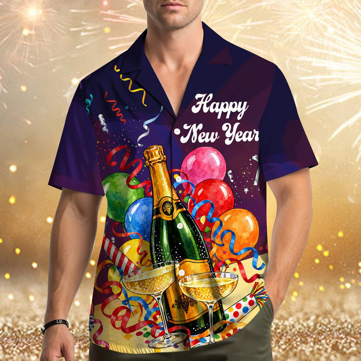 People celebrating wearing the matching family hawaiian shirts with champagne and balloon design