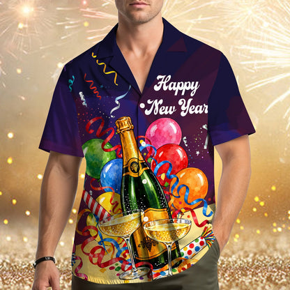People celebrating wearing the matching family hawaiian shirts with champagne and balloon design