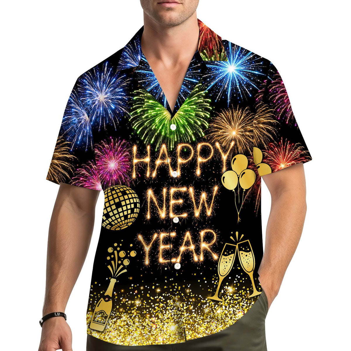 Lifestyle view of a person wearing the new year hawaiian shirt at a party