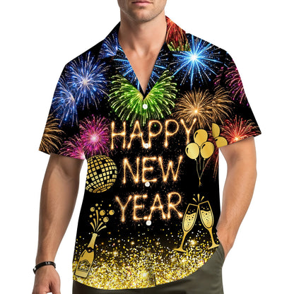 Lifestyle view of a person wearing the new year hawaiian shirt at a party