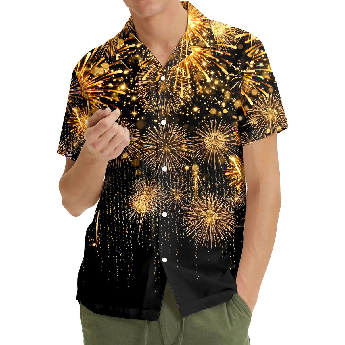 Lifestyle view showing the matching family Hawaiian shirt worn