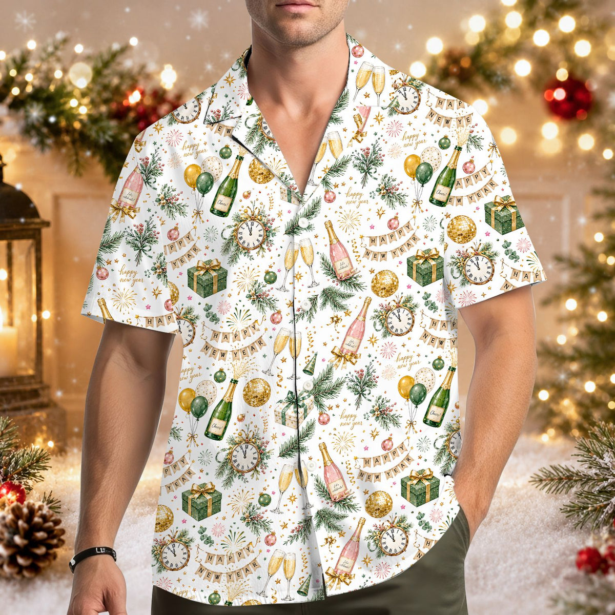Family wearing matching new years hawaiian shirts, lifestyle view