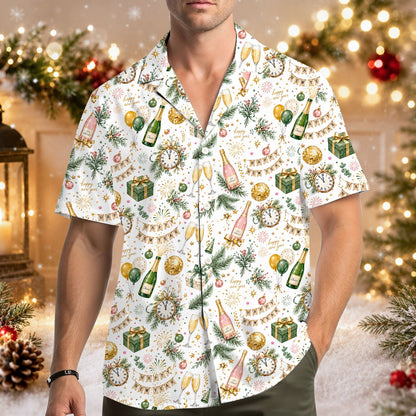 Family wearing matching new years hawaiian shirts, lifestyle view