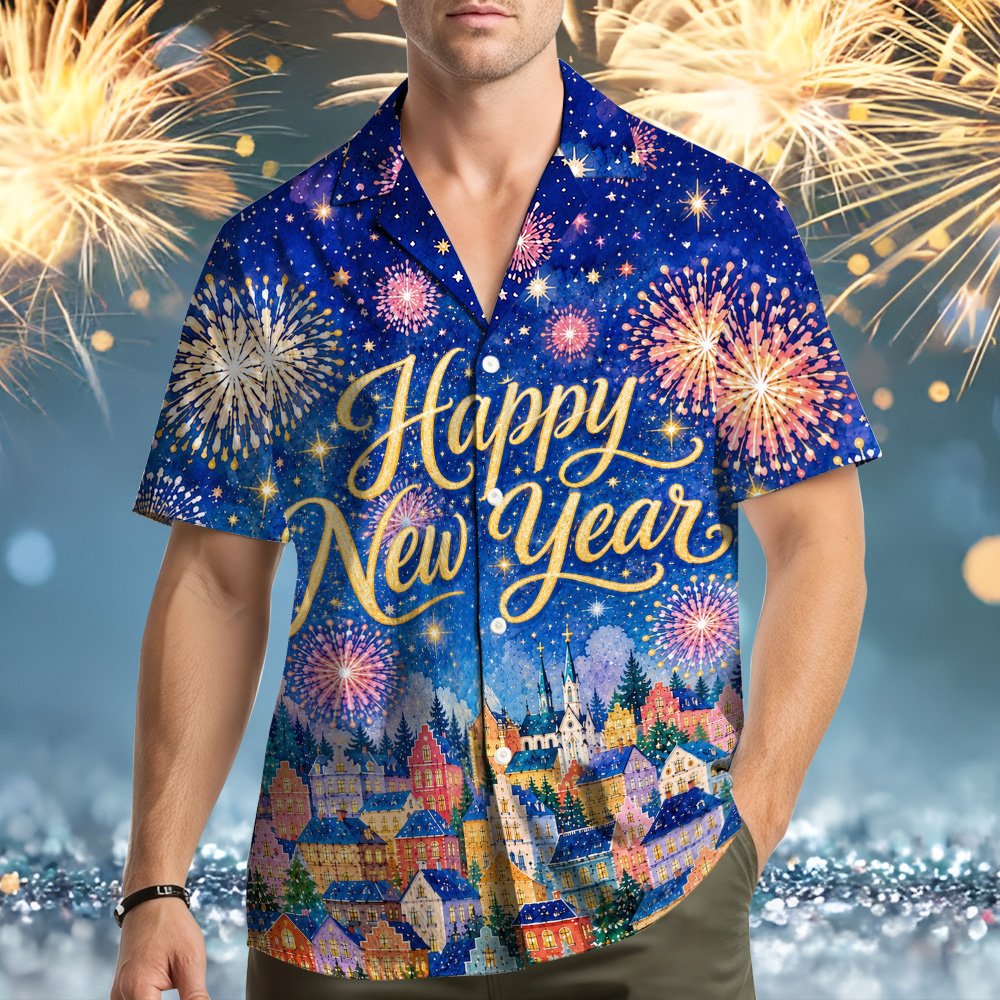 Lifestyle view of a family wearing the matching new years eve hawaiian shirts
